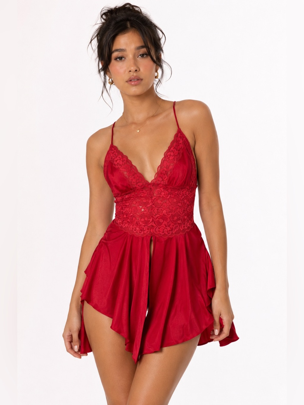 90s European Vintage Paloma Lace Open Front Babydoll Slip Dress (Red) Size S/M